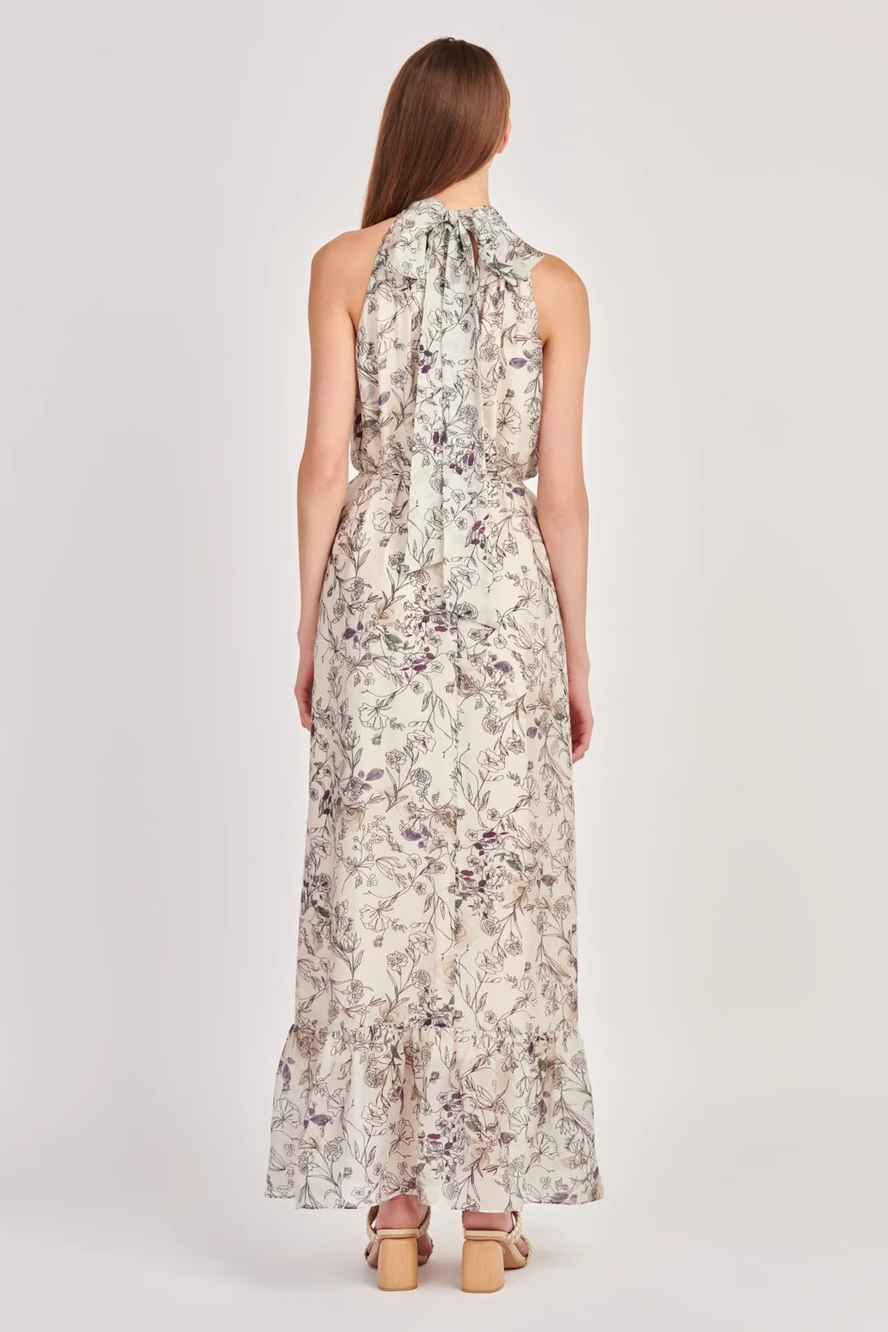 Abstract Floral Print Halter Maxi Dress