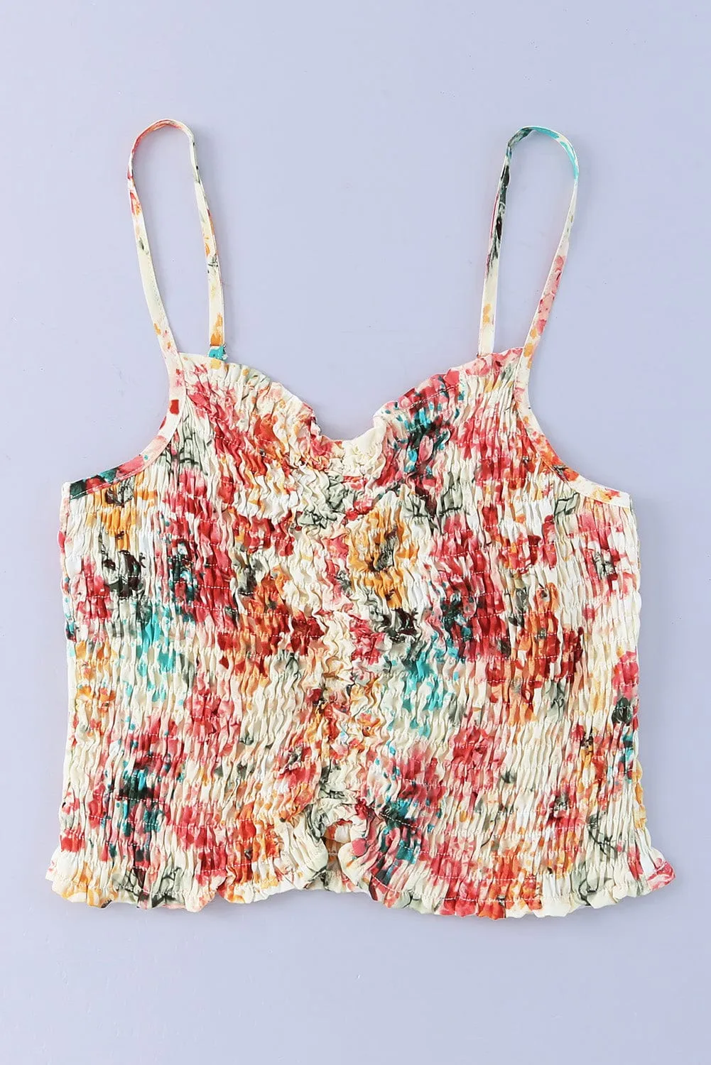 Apricot Smocked Floral Print Ruched Camisole