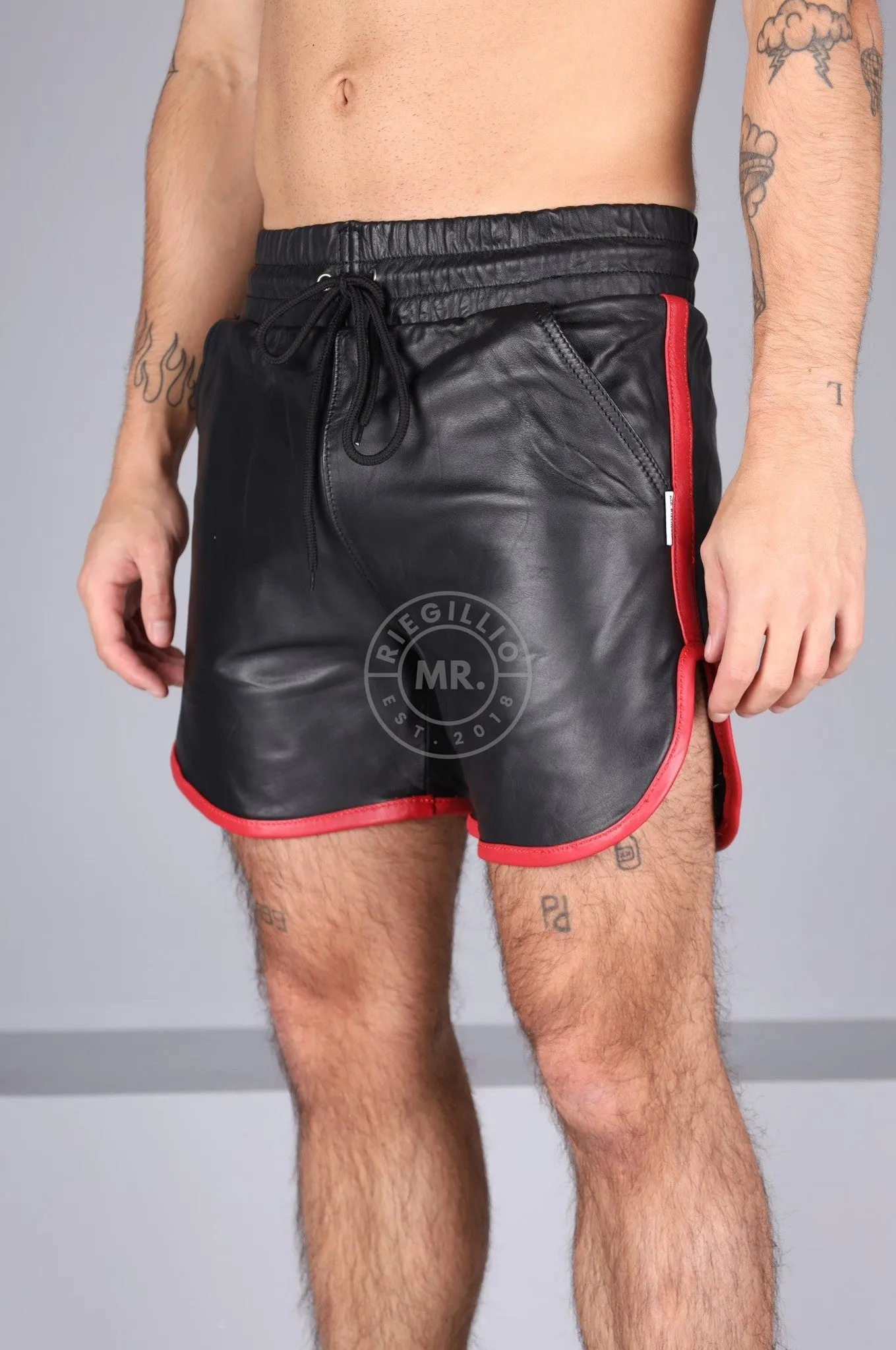 Berlin Black Leather Sport Short - Red Piping