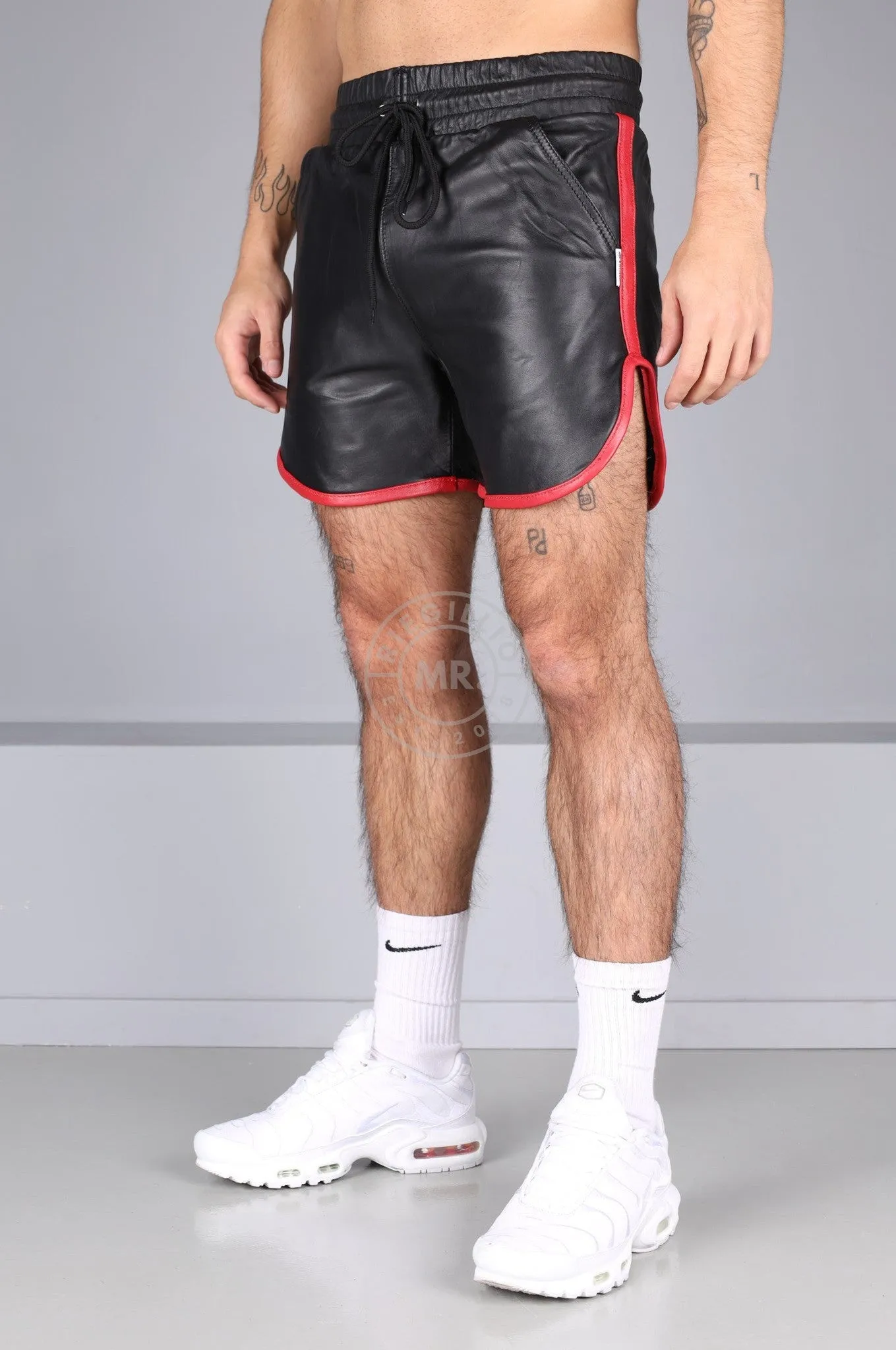 Berlin Black Leather Sport Short - Red Piping