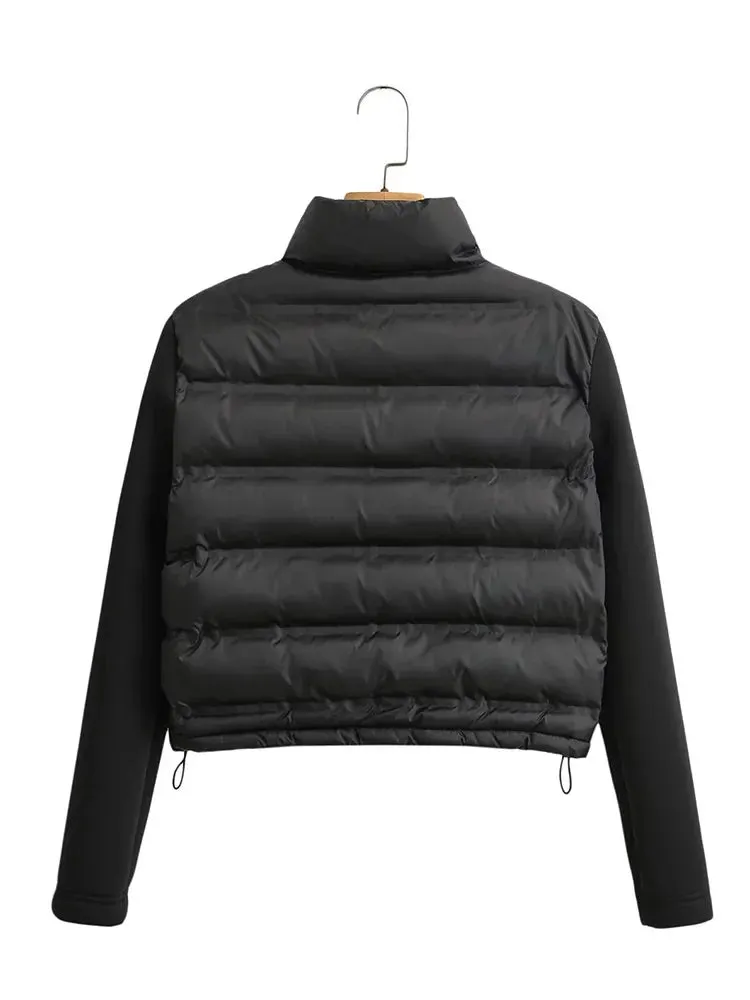 Black Spliced Short Puffer Jacket for Women