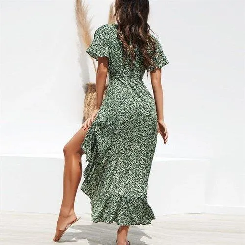 Boho Floral Print Side Split Wrap Maxi Dress