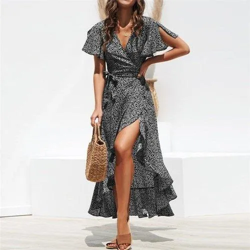 Boho Floral Print Side Split Wrap Maxi Dress