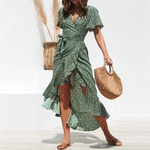 Boho Floral Print Side Split Wrap Maxi Dress