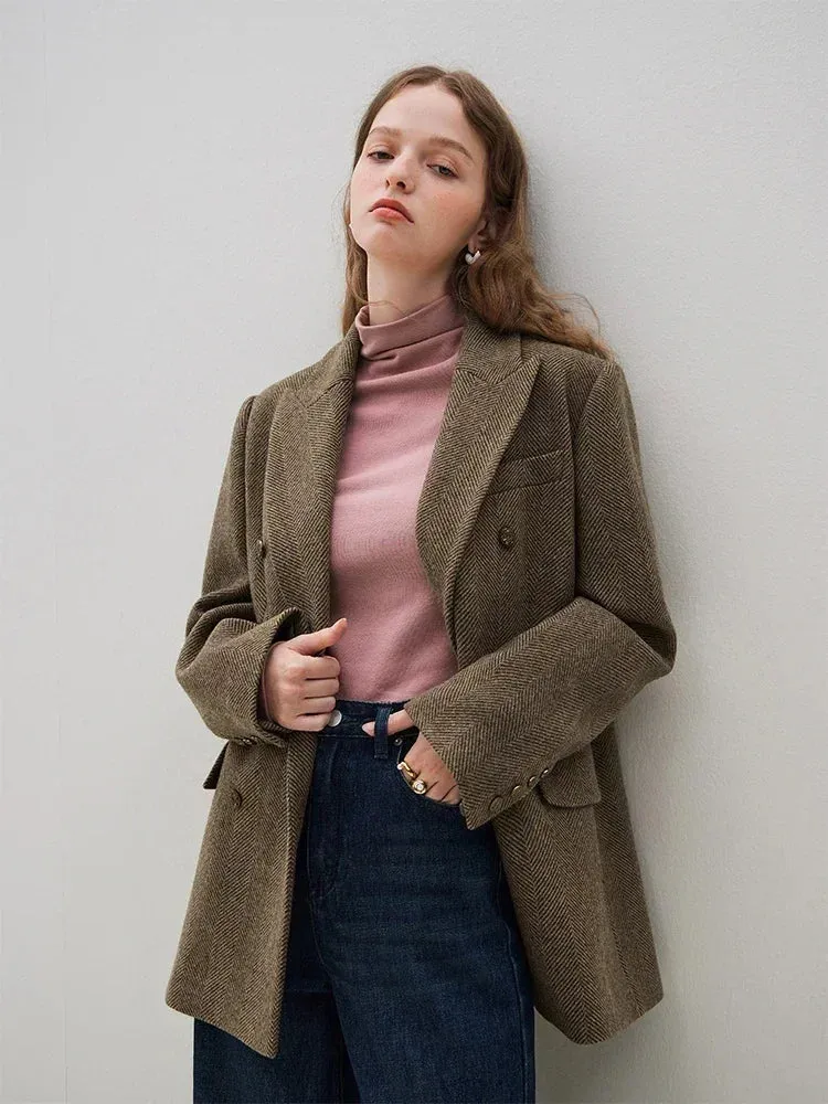 Brown Temperament Blazer Notched Collar Double Breasted Wool Coats