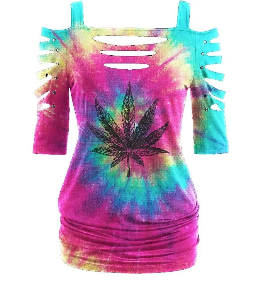 Canabis TieDye Hollow Cut Out T-shirt for Women