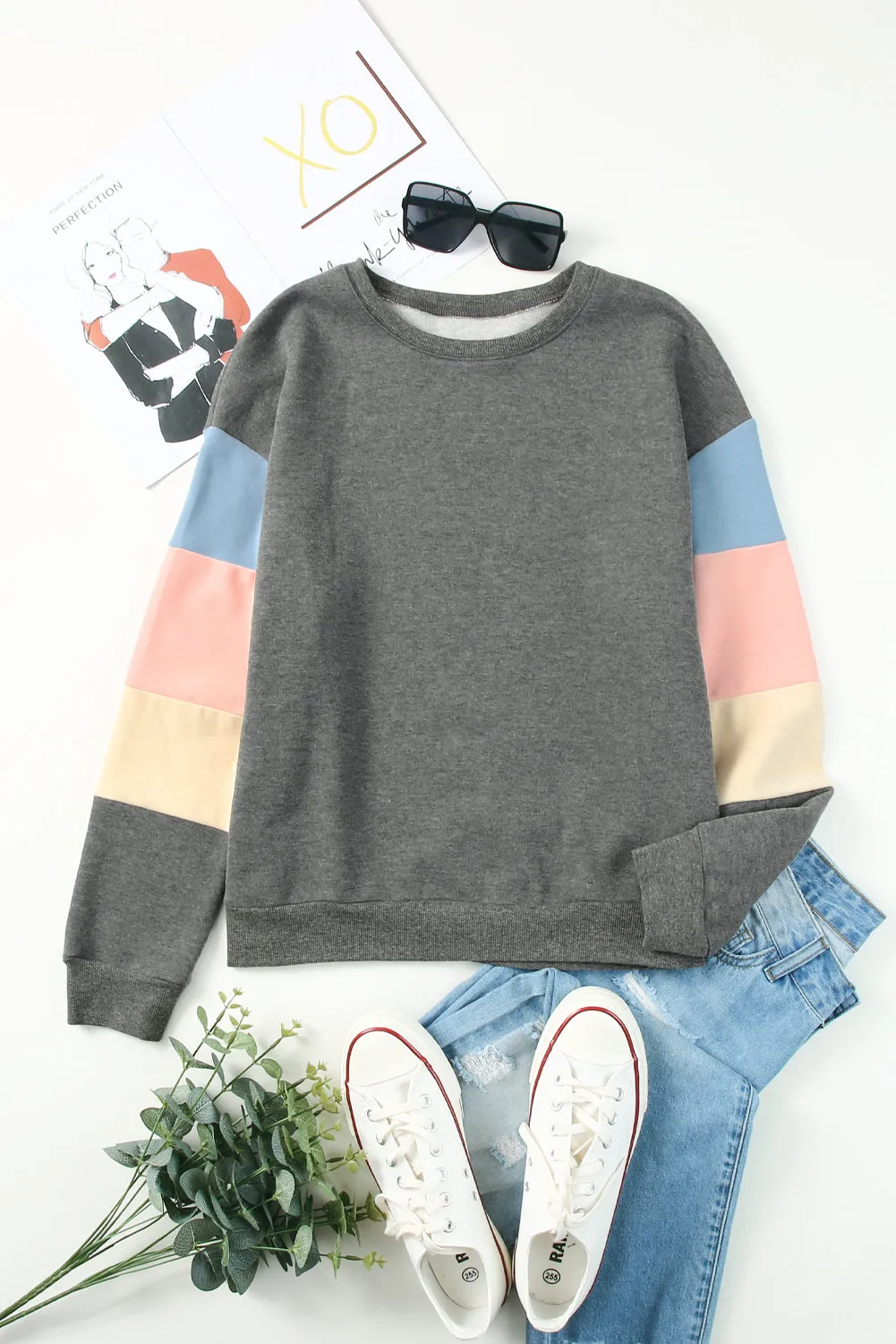 Color Block Round Neck Long Sleeve Sweatshirt