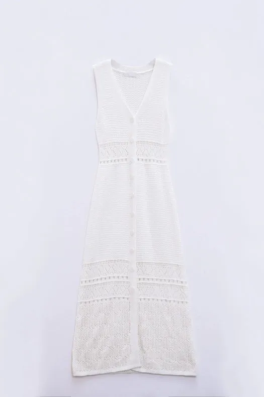 Crochet Maxi Vest with Button Closure in White