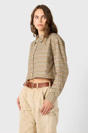 CROPPED BOXY BUTTON UP IN IVORY PLAID