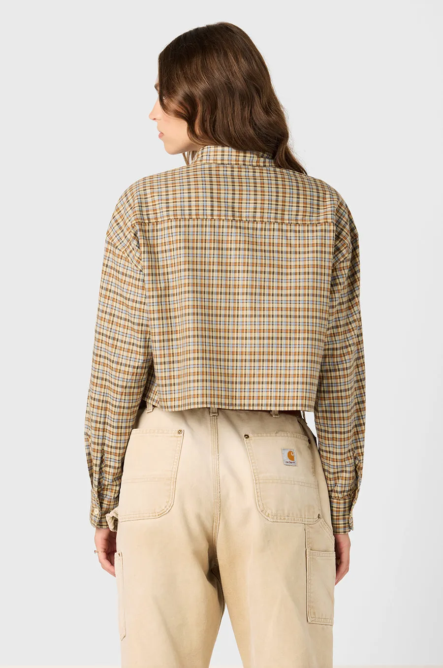 CROPPED BOXY BUTTON UP IN IVORY PLAID