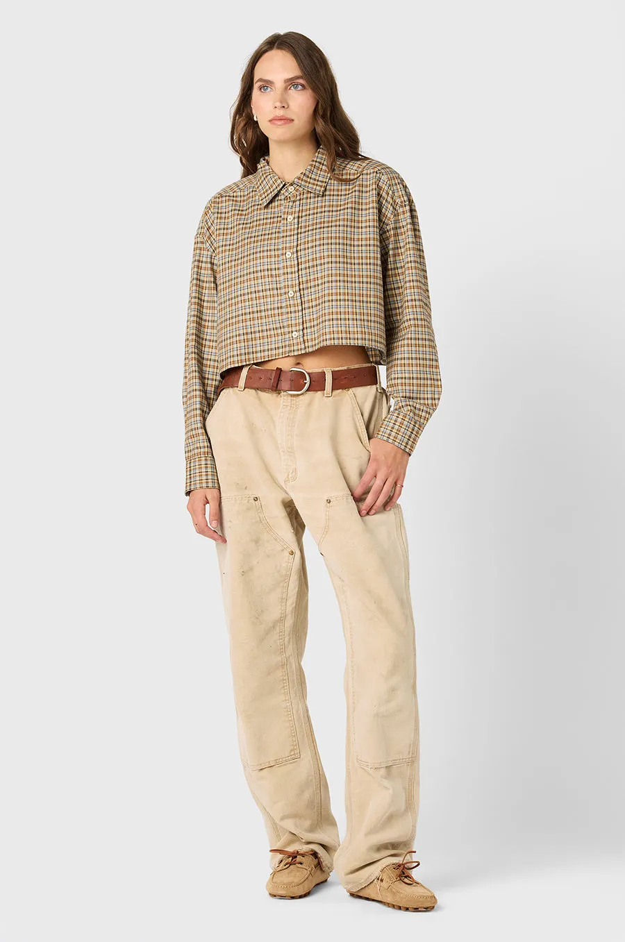 CROPPED BOXY BUTTON UP IN IVORY PLAID