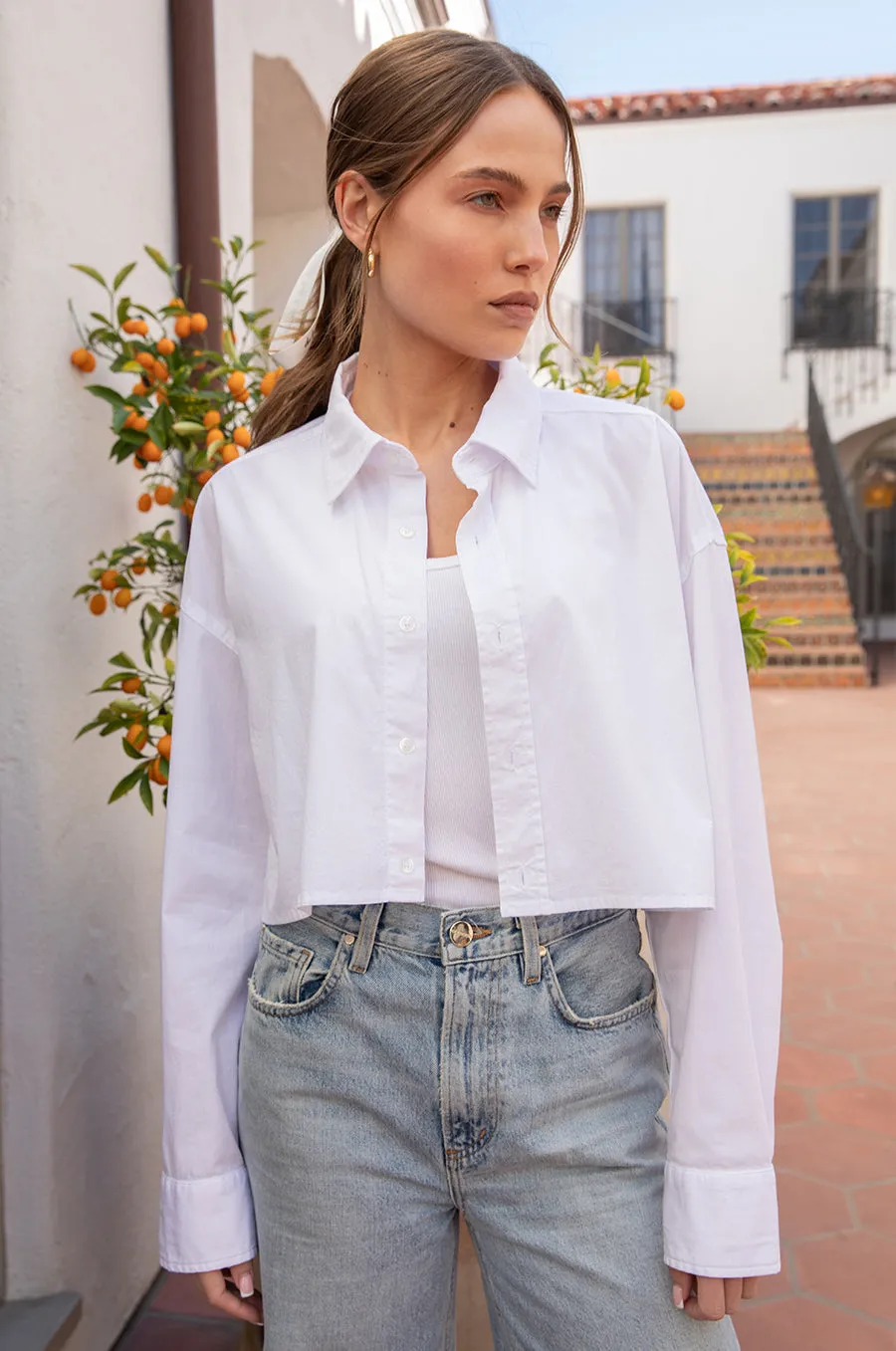 CROPPED BOXY BUTTON UP IN WHITE POPLIN