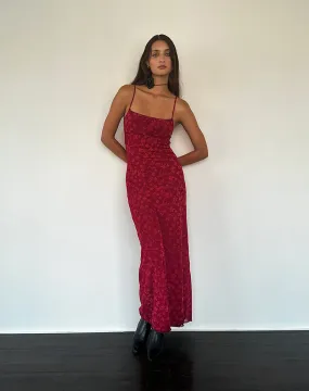 Darsih Cami Maxi Dress Red Grunge Floral Flock