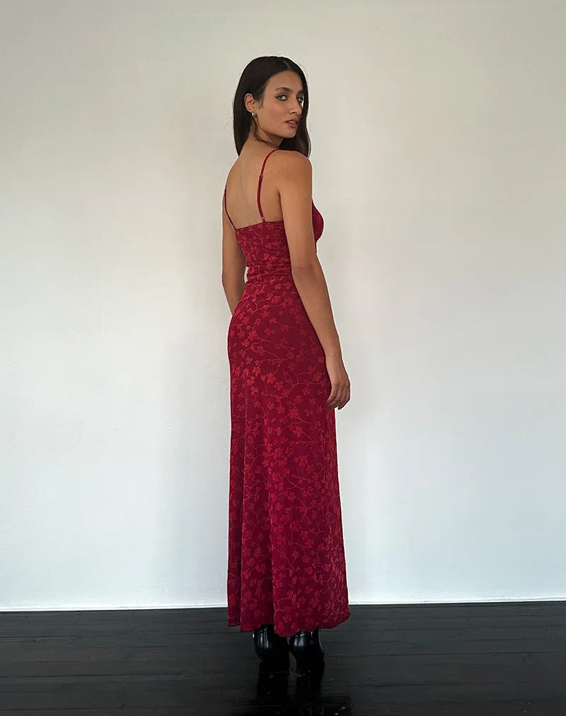 Darsih Cami Maxi Dress Red Grunge Floral Flock