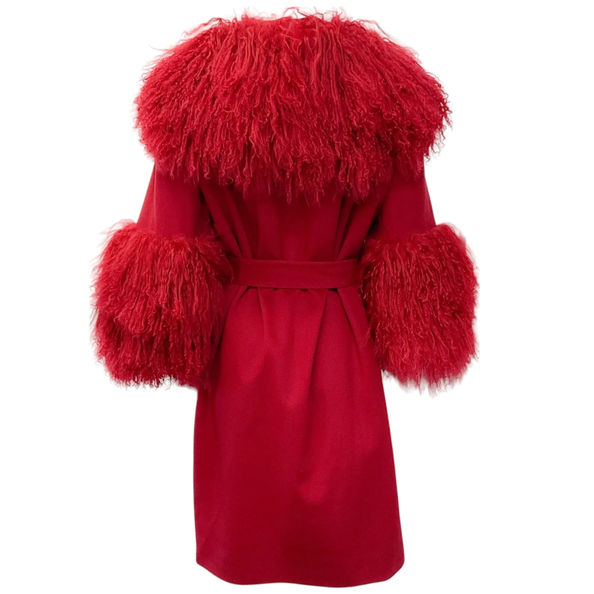 Fleurette Red Wool Belted Coat with Tibetan Lamb Collar