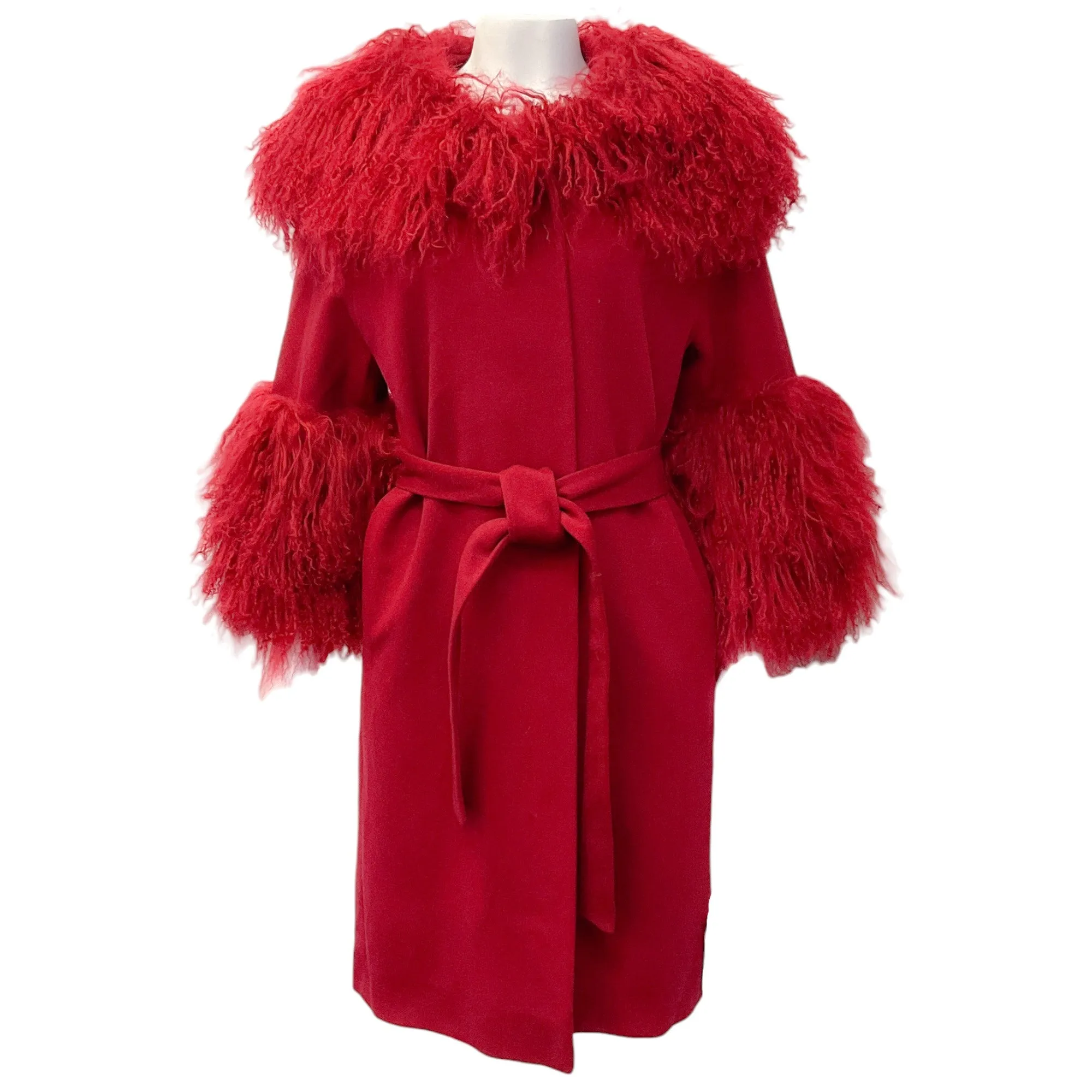 Fleurette Red Wool Belted Coat with Tibetan Lamb Collar