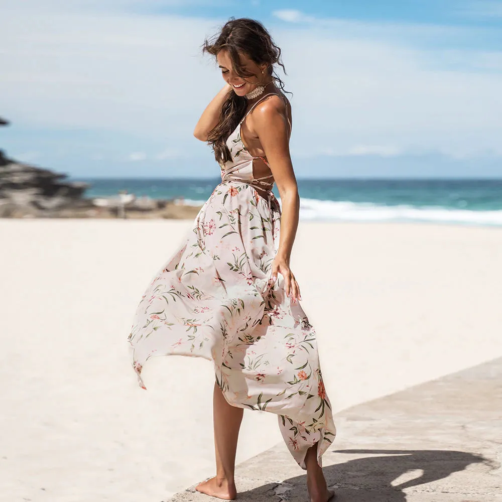 Floral Print Pleated V-Neck Backless A-line Split Maxi Sundress