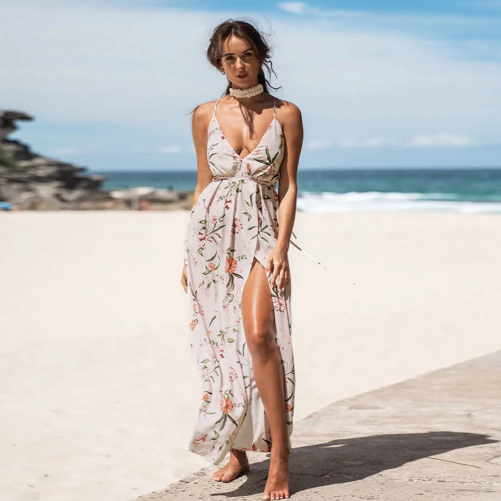 Floral Print Pleated V-Neck Backless A-line Split Maxi Sundress