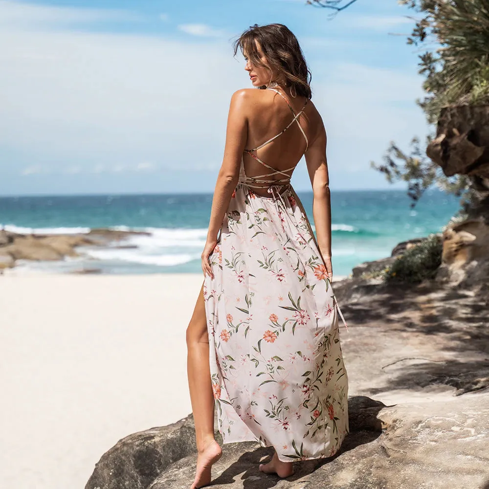 Floral Print Pleated V-Neck Backless A-line Split Maxi Sundress