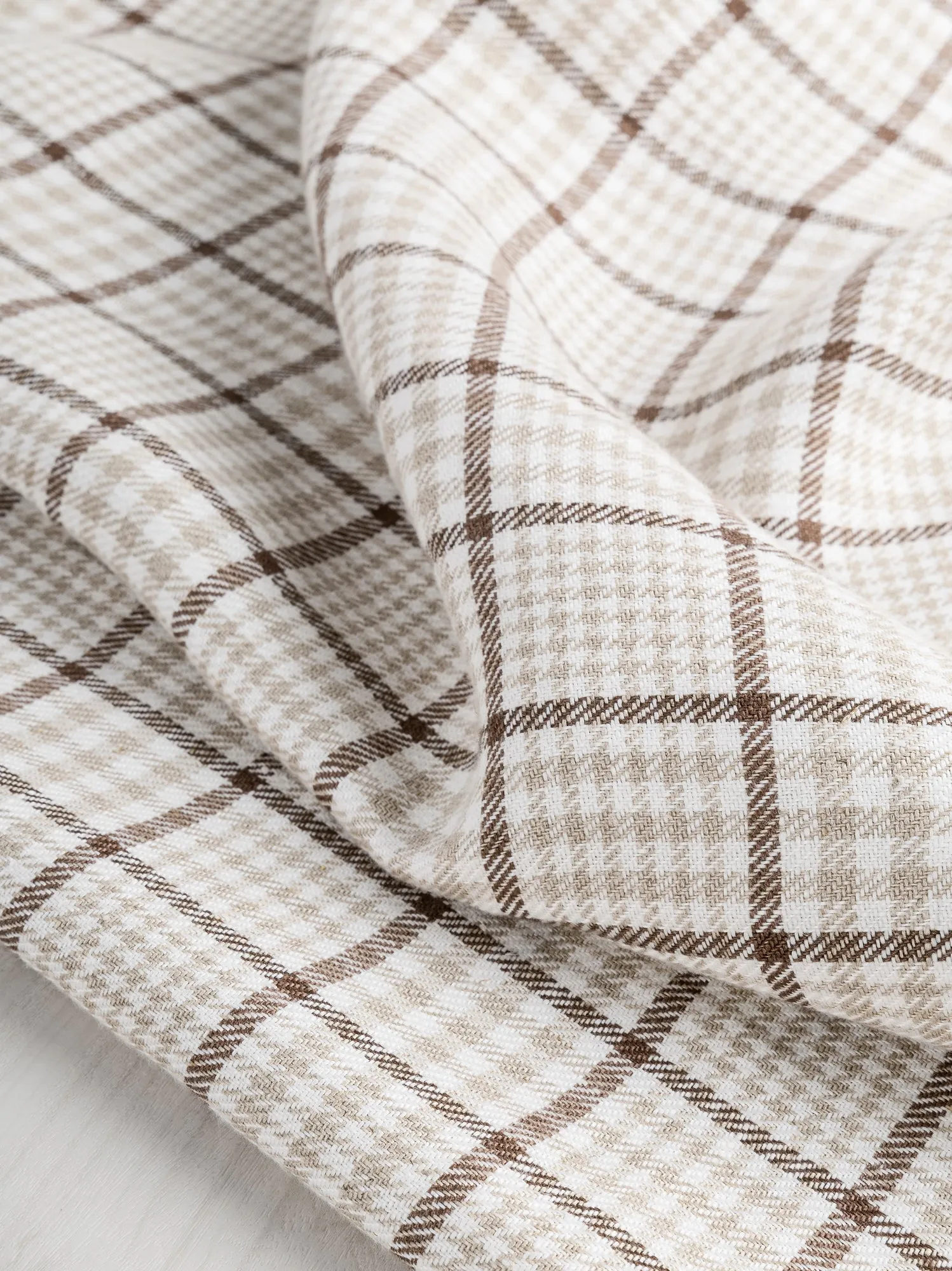 Glen Check Irish Linen Heavy Suiting Deadstock - Beige   Brown   White - Swatch