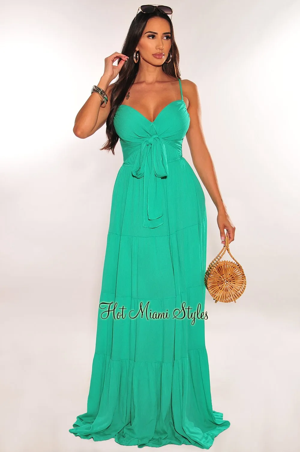 Green Spaghetti Strap Linen Tie Up Ruffle Maxi Dress