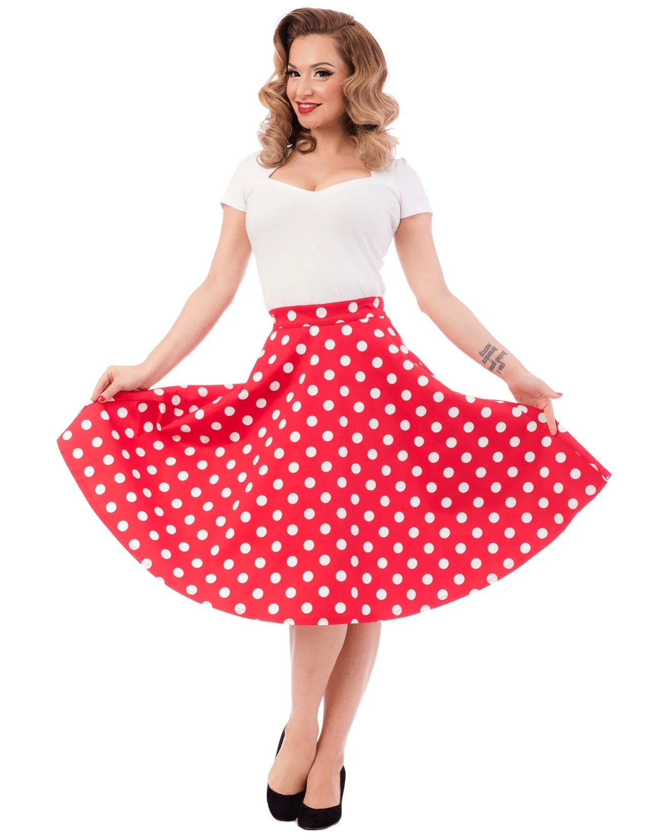 High-Waist Thrills Skirt in Red & White Dot by Steady Clothing - Size S