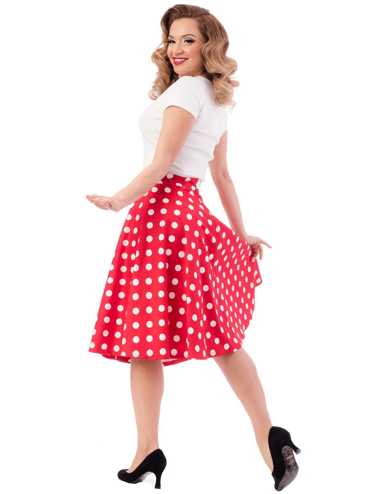 High-Waist Thrills Skirt in Red & White Dot by Steady Clothing - Size S