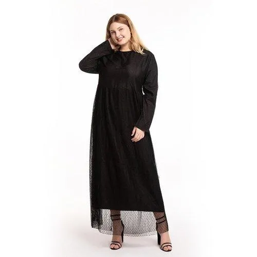 Kaftan O-Neck Long Sleeve Dot Mesh Elegant Maxi Dress