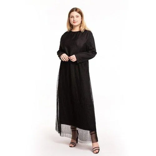 Kaftan O-Neck Long Sleeve Dot Mesh Elegant Maxi Dress