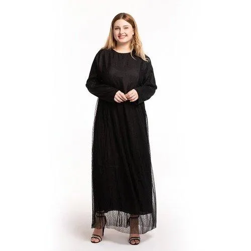 Kaftan O-Neck Long Sleeve Dot Mesh Elegant Maxi Dress