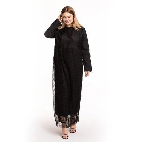 Kaftan O-Neck Long Sleeve Dot Mesh Elegant Maxi Dress