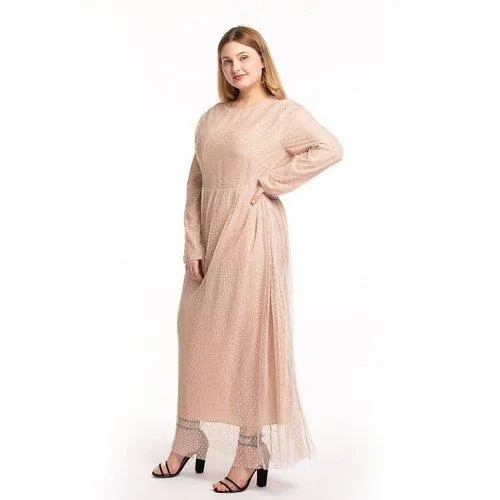 Kaftan O-Neck Long Sleeve Dot Mesh Elegant Maxi Dress