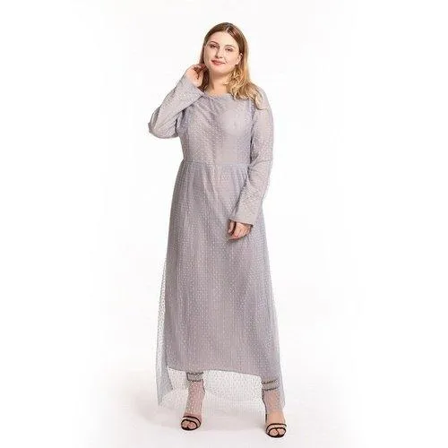 Kaftan O-Neck Long Sleeve Dot Mesh Elegant Maxi Dress