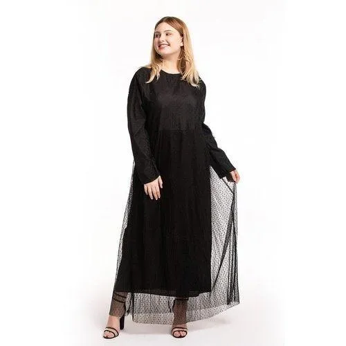 Kaftan O-Neck Long Sleeve Dot Mesh Elegant Maxi Dress