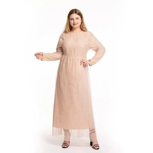 Kaftan O-Neck Long Sleeve Dot Mesh Elegant Maxi Dress