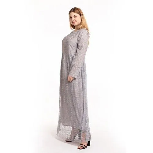 Kaftan O-Neck Long Sleeve Dot Mesh Elegant Maxi Dress