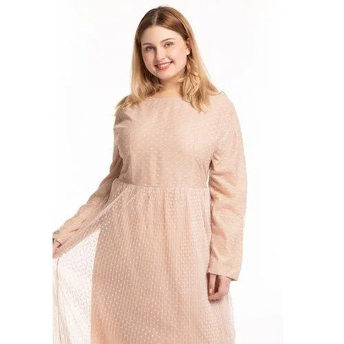 Kaftan O-Neck Long Sleeve Dot Mesh Elegant Maxi Dress