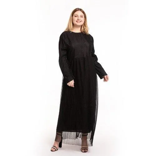 Kaftan O-Neck Long Sleeve Dot Mesh Elegant Maxi Dress