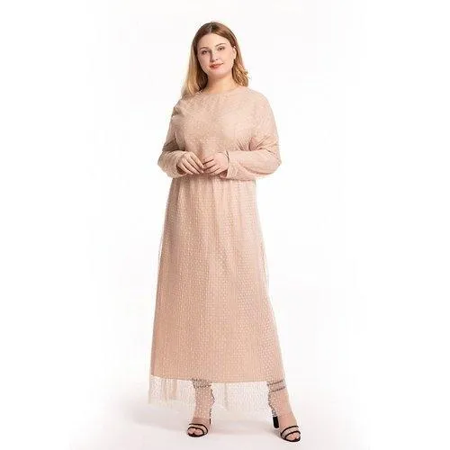 Kaftan O-Neck Long Sleeve Dot Mesh Elegant Maxi Dress