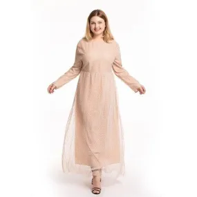 Kaftan O-Neck Long Sleeve Dot Mesh Elegant Maxi Dress