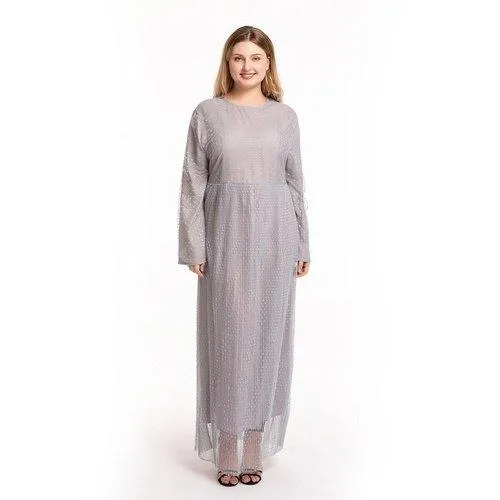 Kaftan O-Neck Long Sleeve Dot Mesh Elegant Maxi Dress