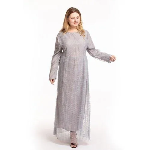 Kaftan O-Neck Long Sleeve Dot Mesh Elegant Maxi Dress