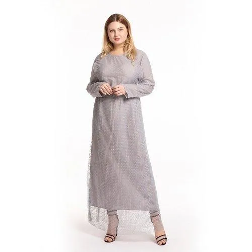 Kaftan O-Neck Long Sleeve Dot Mesh Elegant Maxi Dress