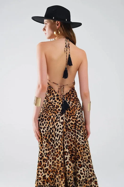 Maxi Leopard Print Boho Dress with Open Back