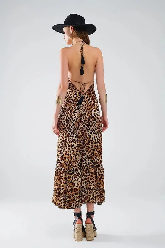 Maxi Leopard Print Boho Dress with Open Back