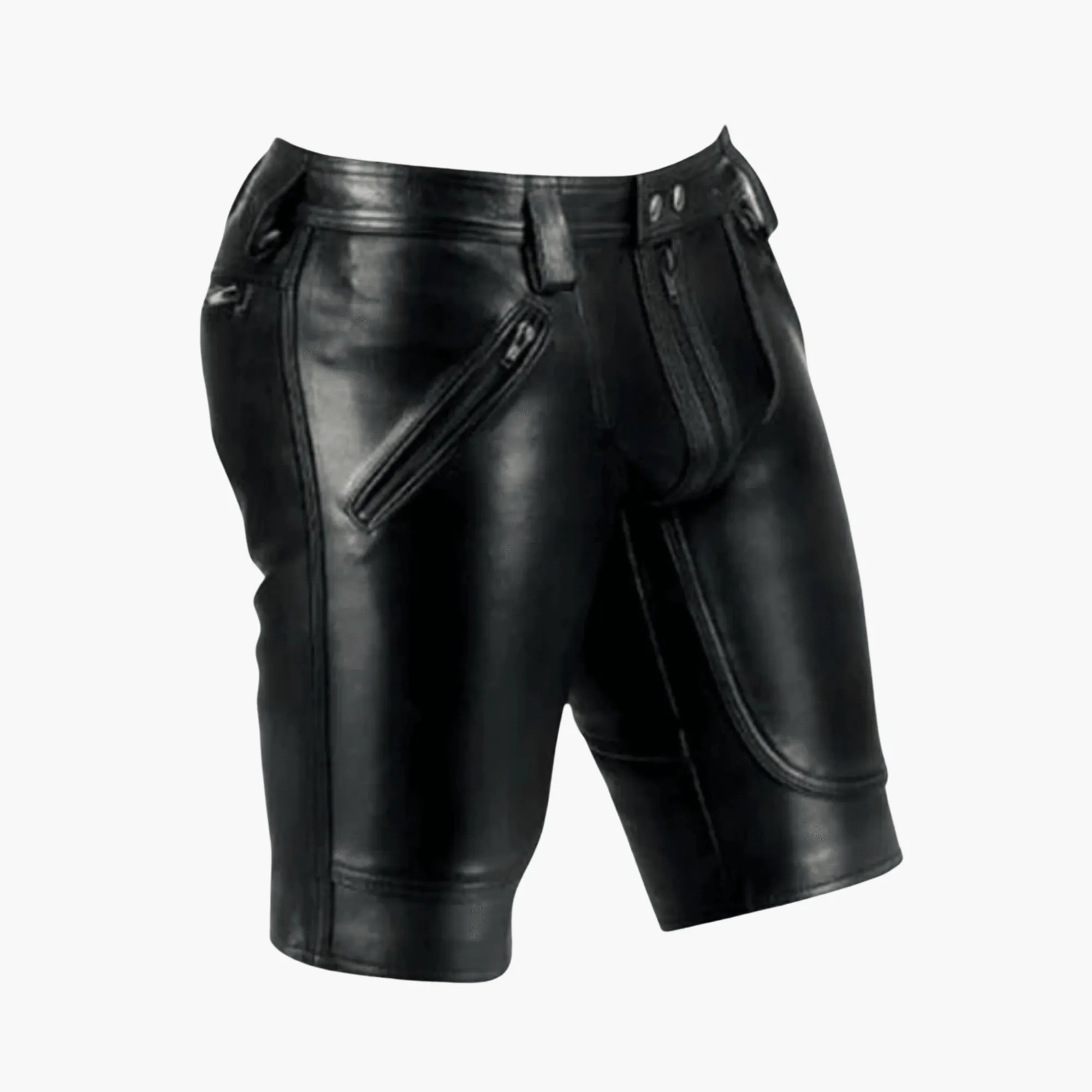 Mens Black Leather Shorts with Double Zipper