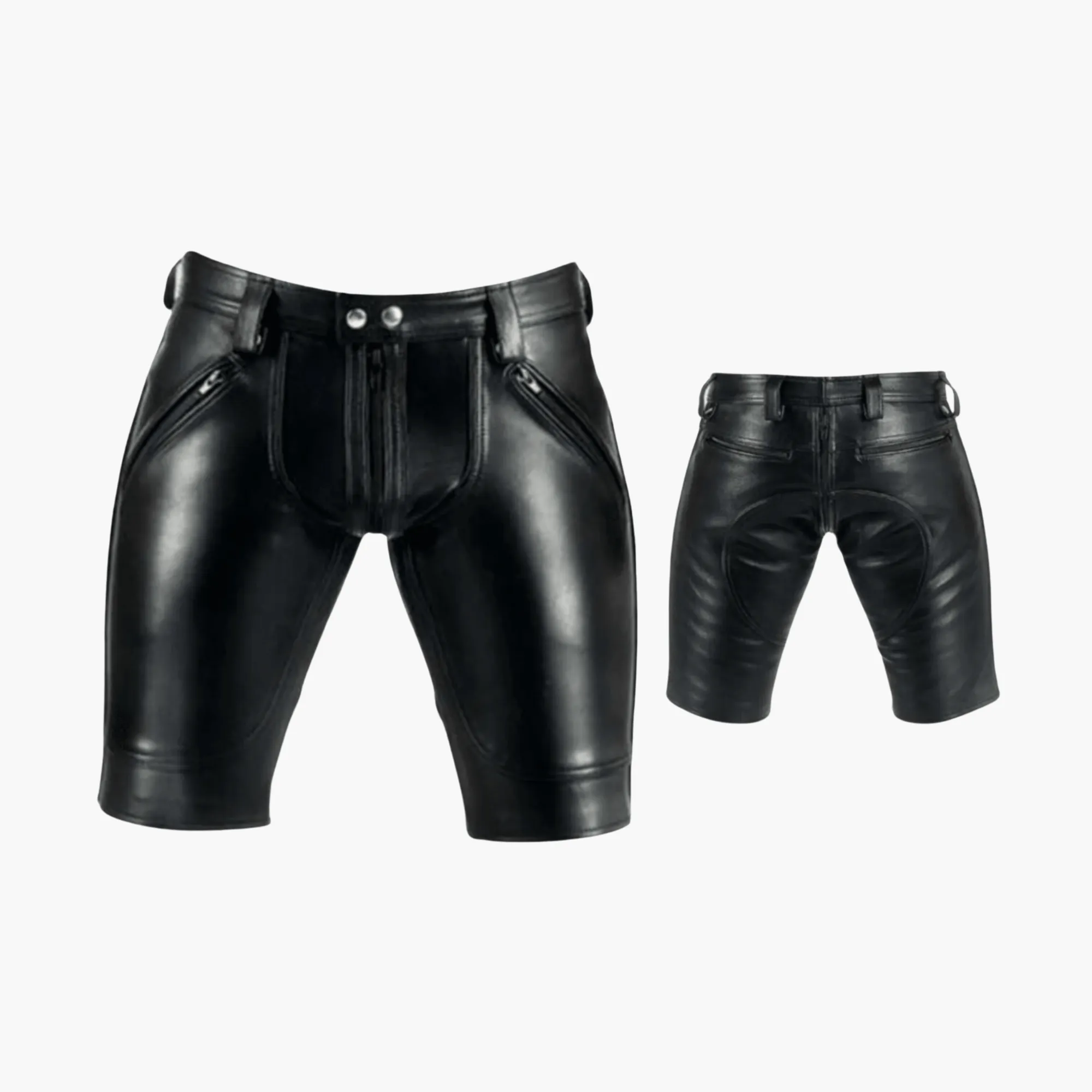 Mens Black Leather Shorts with Double Zipper