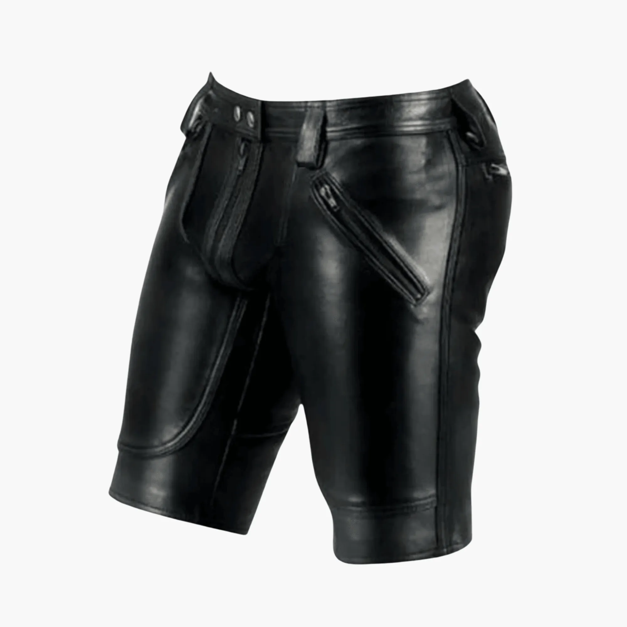 Mens Black Leather Shorts with Double Zipper