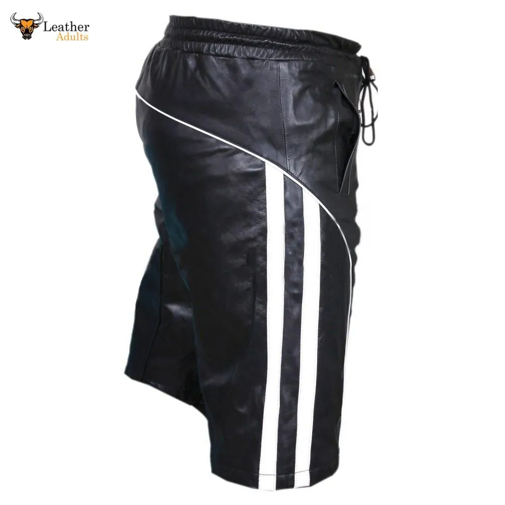 Mens Genuine Cow Leather Black and White Shorts Clubwear Gay Shorts