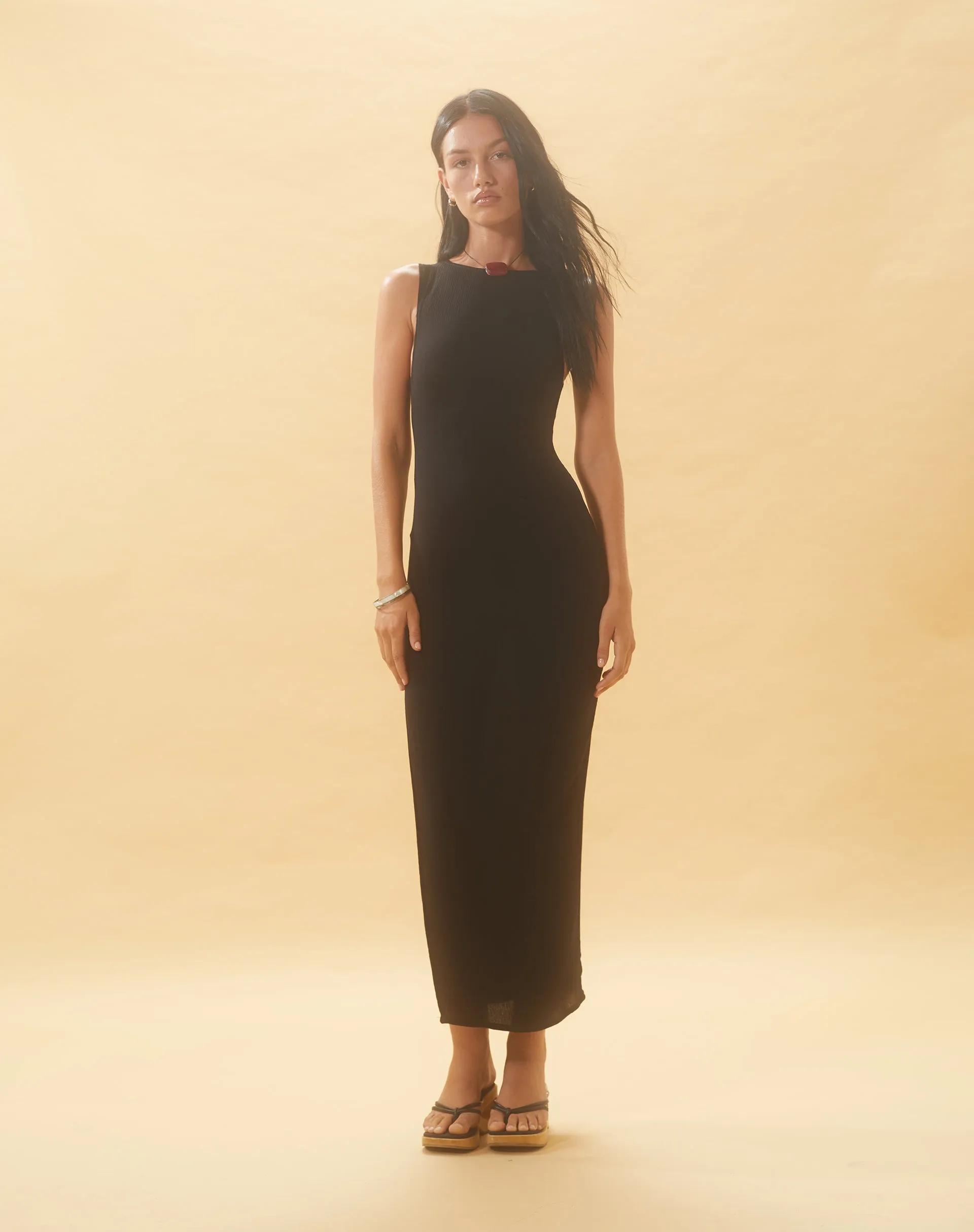 Minyo Racer Neck Maxi Dress in Crinkle Black